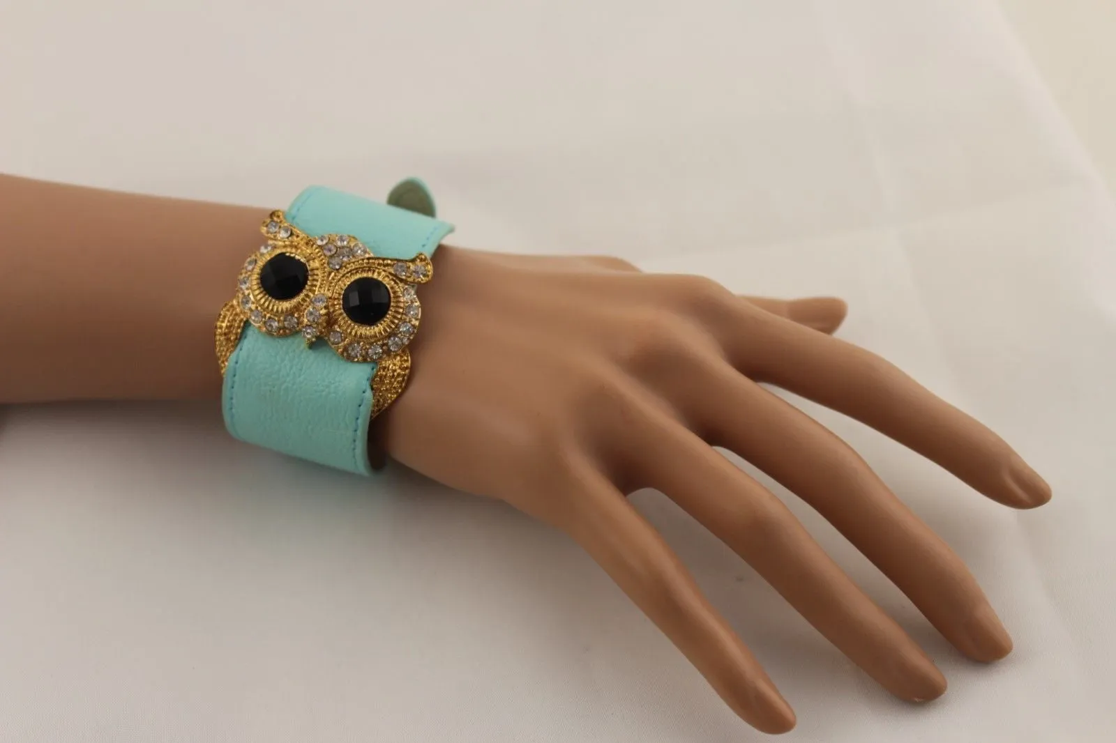 Leather Strap Nude Bracelet Gold Owl Black Rhinestone