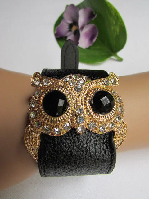 Leather Strap Nude Bracelet Gold Owl Black Rhinestone