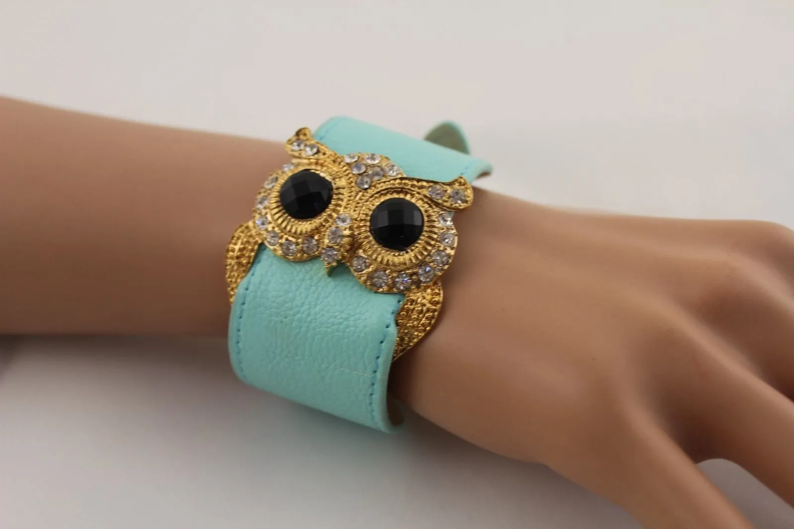 Leather Strap Nude Bracelet Gold Owl Black Rhinestone