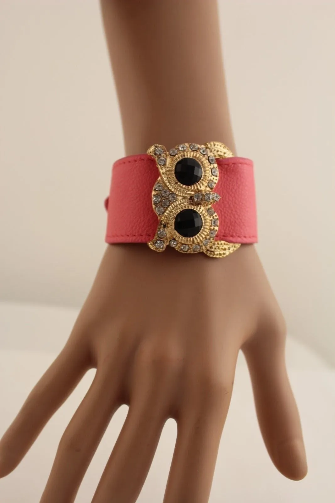 Leather Strap Nude Bracelet Gold Owl Black Rhinestone