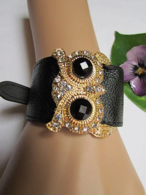 Leather Strap Nude Bracelet Gold Owl Black Rhinestone