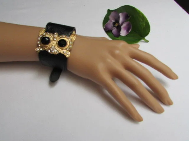 Leather Strap Nude Bracelet Gold Owl Black Rhinestone