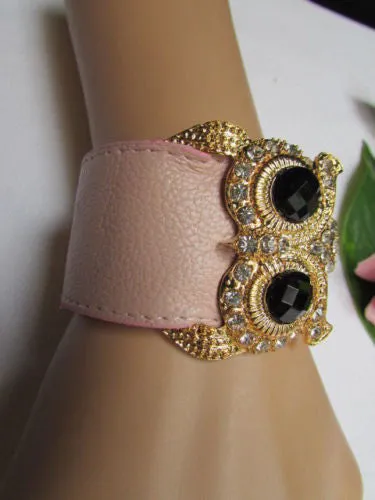 Leather Strap Nude Bracelet Gold Owl Black Rhinestone