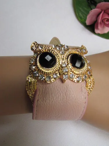 Leather Strap Nude Bracelet Gold Owl Black Rhinestone