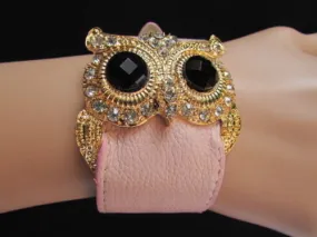 Leather Strap Nude Bracelet Gold Owl Black Rhinestone