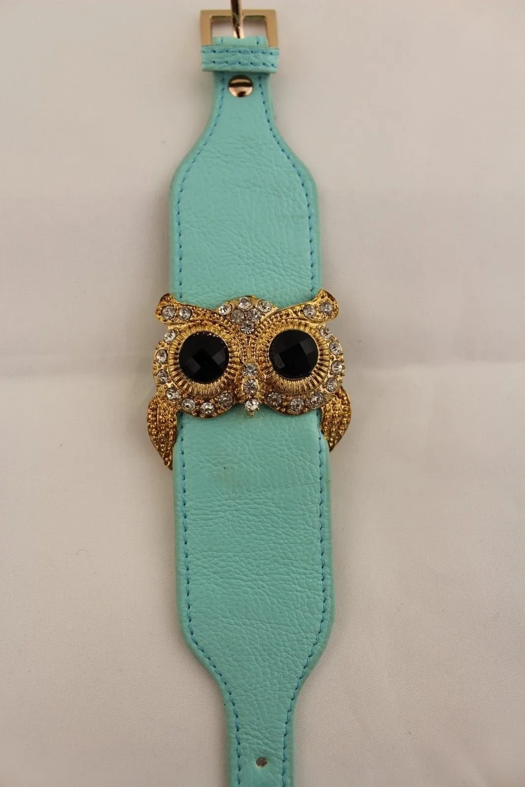 Leather Strap Nude Bracelet Gold Owl Black Rhinestone