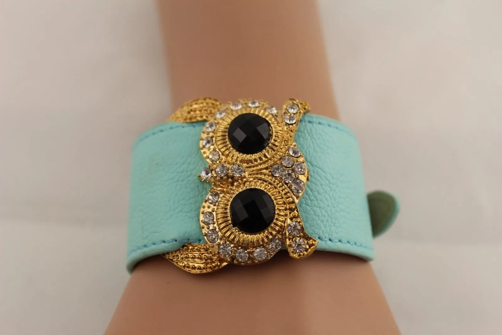 Leather Strap Nude Bracelet Gold Owl Black Rhinestone