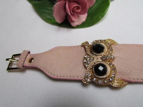 Leather Strap Nude Bracelet Gold Owl Black Rhinestone