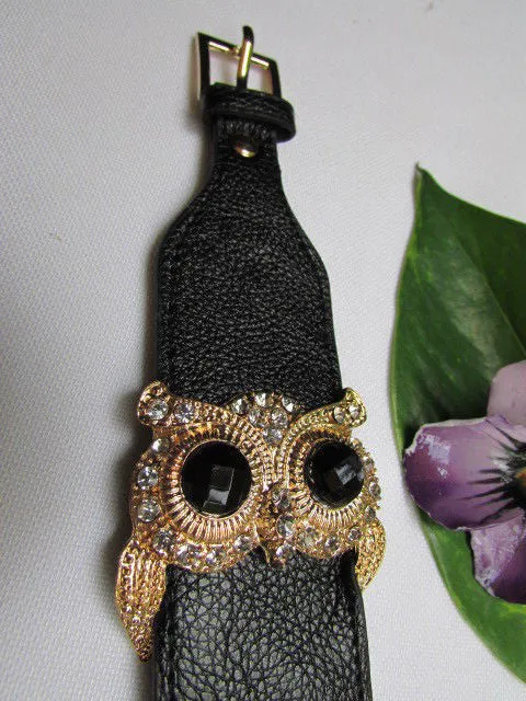 Leather Strap Nude Bracelet Gold Owl Black Rhinestone