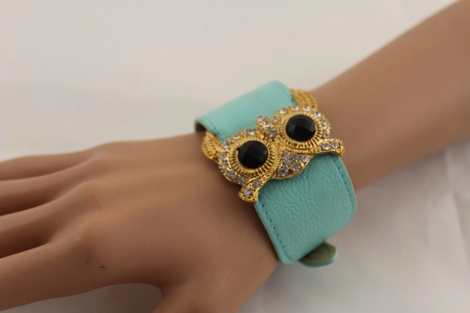 Leather Strap Nude Bracelet Gold Owl Black Rhinestone