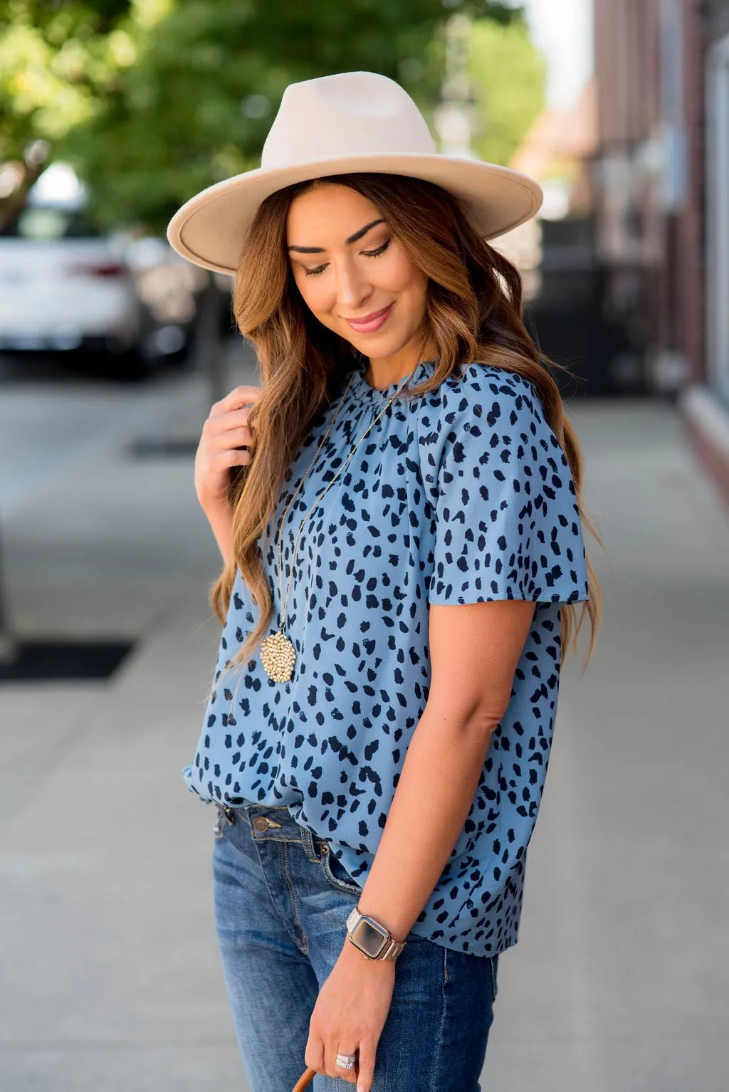 Leopard Cinched Neck Blouse