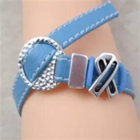 Light Blue Leather Cord Awareness Ribbon Bracelet Buckle Clasp