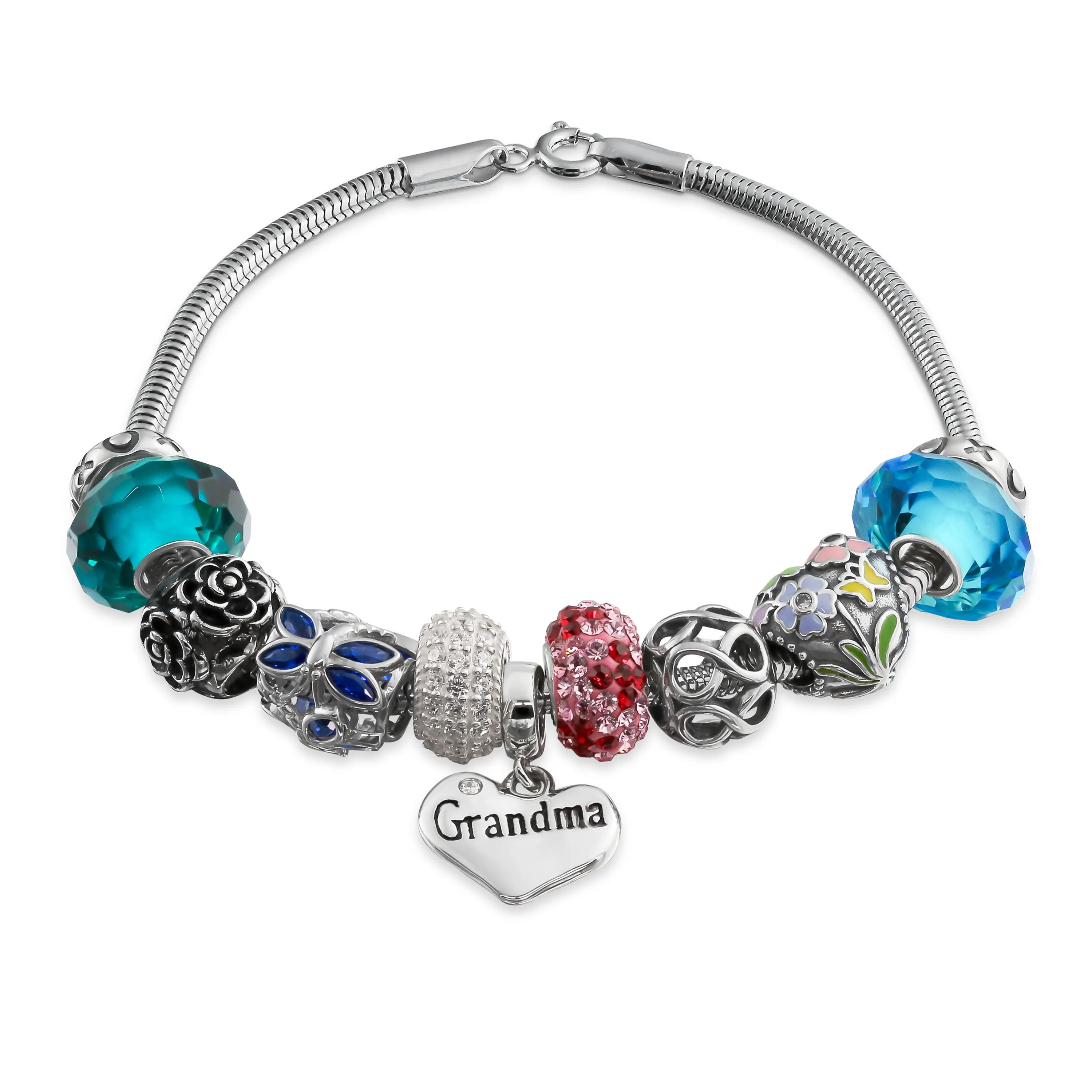 Love Grandma Family Charm Bracelet with Sterling Silver Snake Chain 6.5-9In