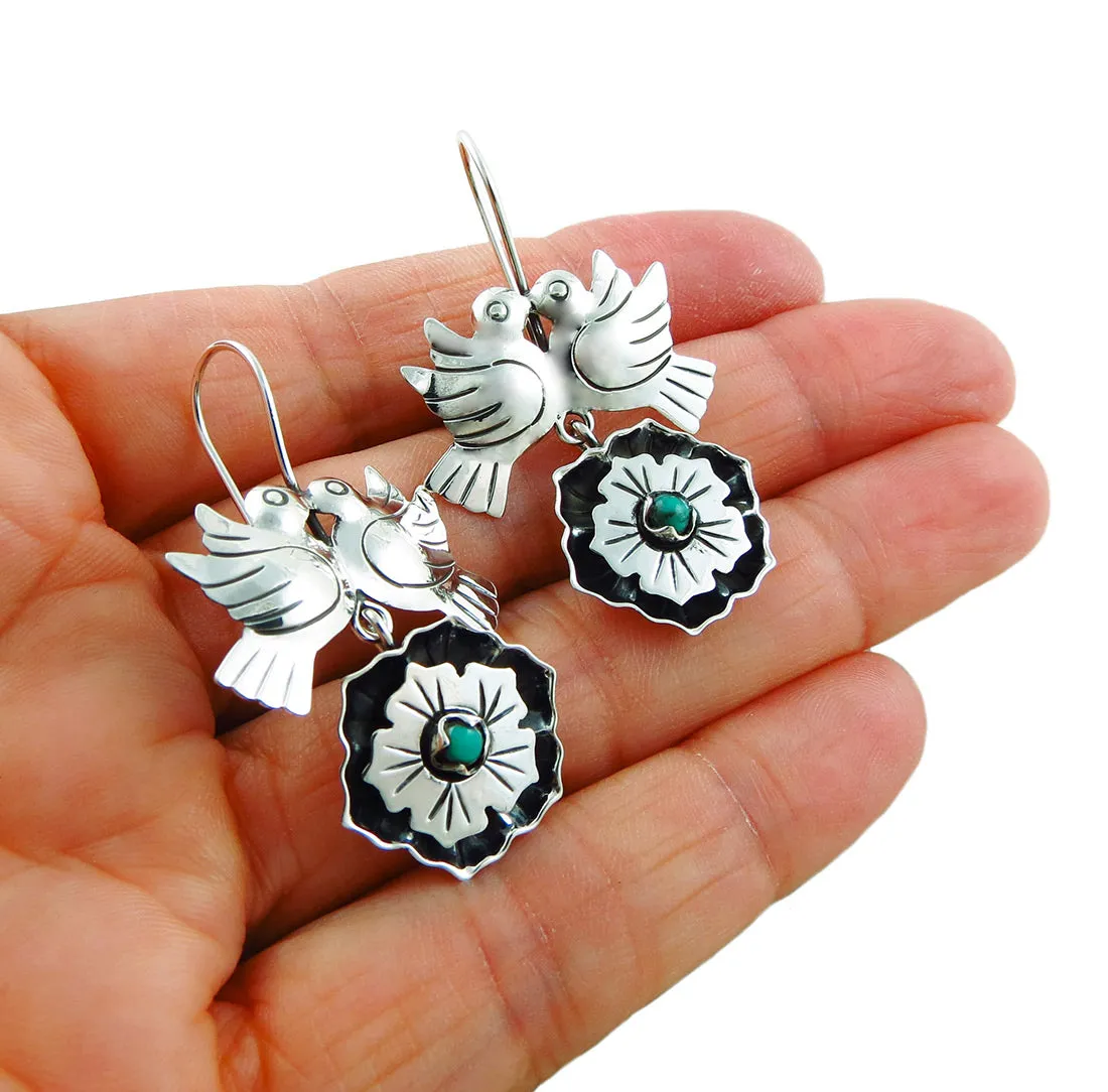 Lovebirds 925 Sterling Silver Maria Belen Taxco Handmade Flower Earrings