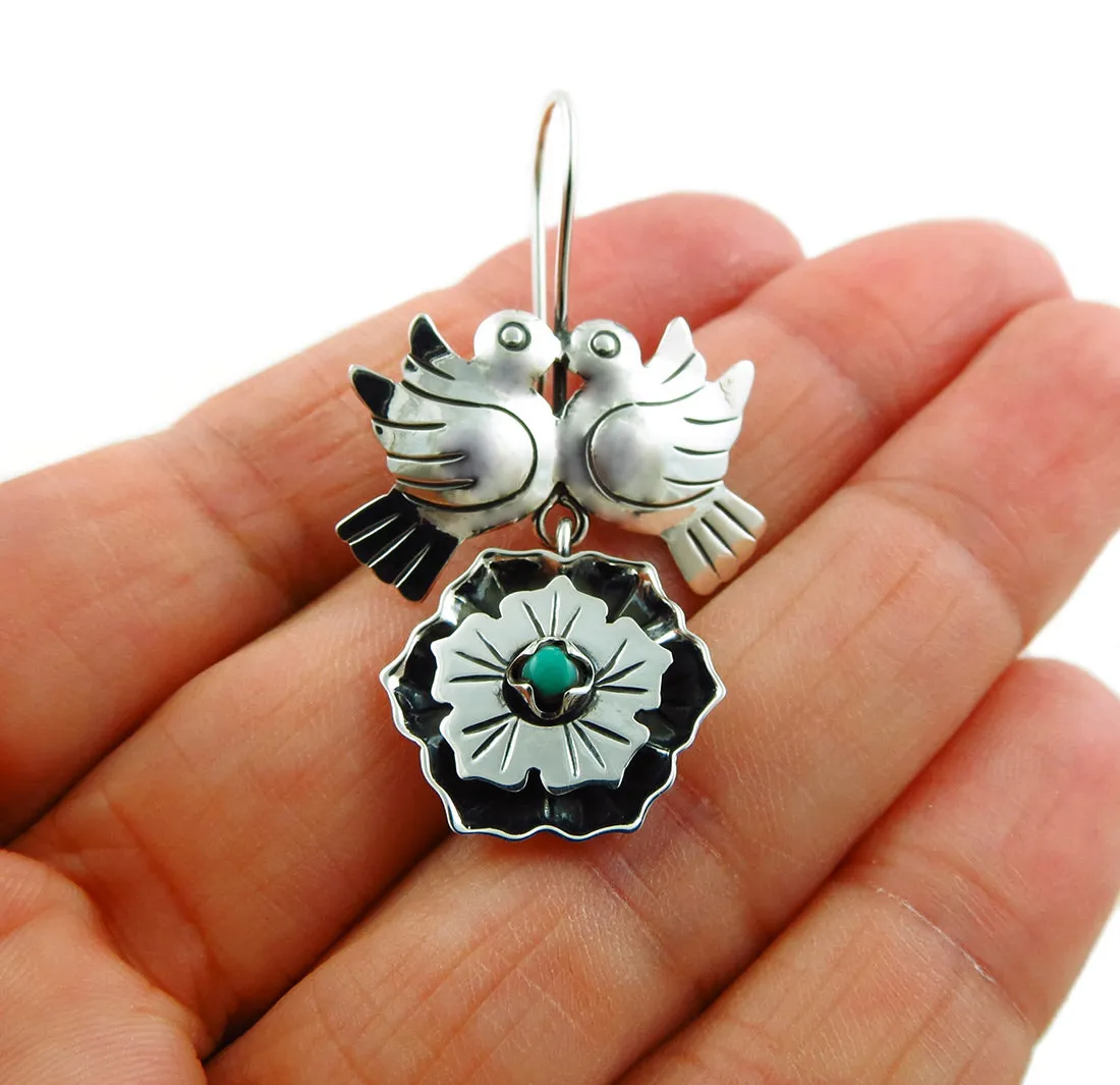 Lovebirds 925 Sterling Silver Maria Belen Taxco Handmade Flower Earrings