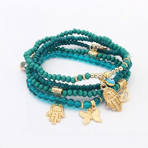 Lucky Kabbalah Fatima Hamsa Hand Blue Evil Eye Butterfly Charms Bracelets & Bangles Multilayer Beads Turkish Women Pulseras