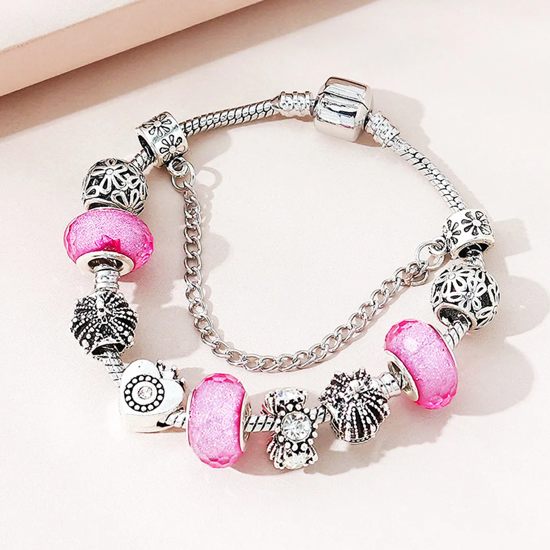 Luxe6222 - Vintage Heart with Pink Beads Charm Bracelet