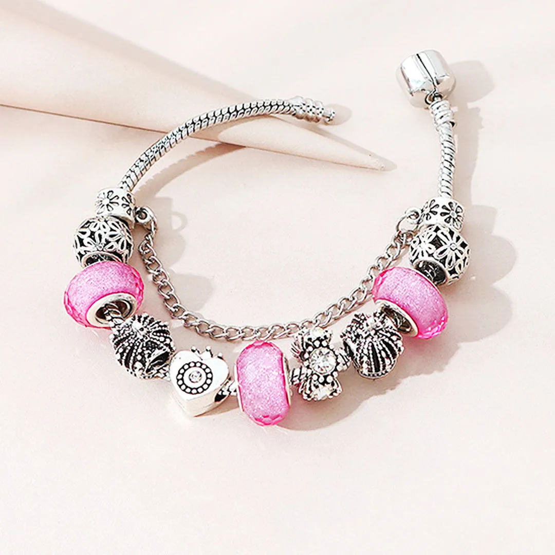 Luxe6222 - Vintage Heart with Pink Beads Charm Bracelet