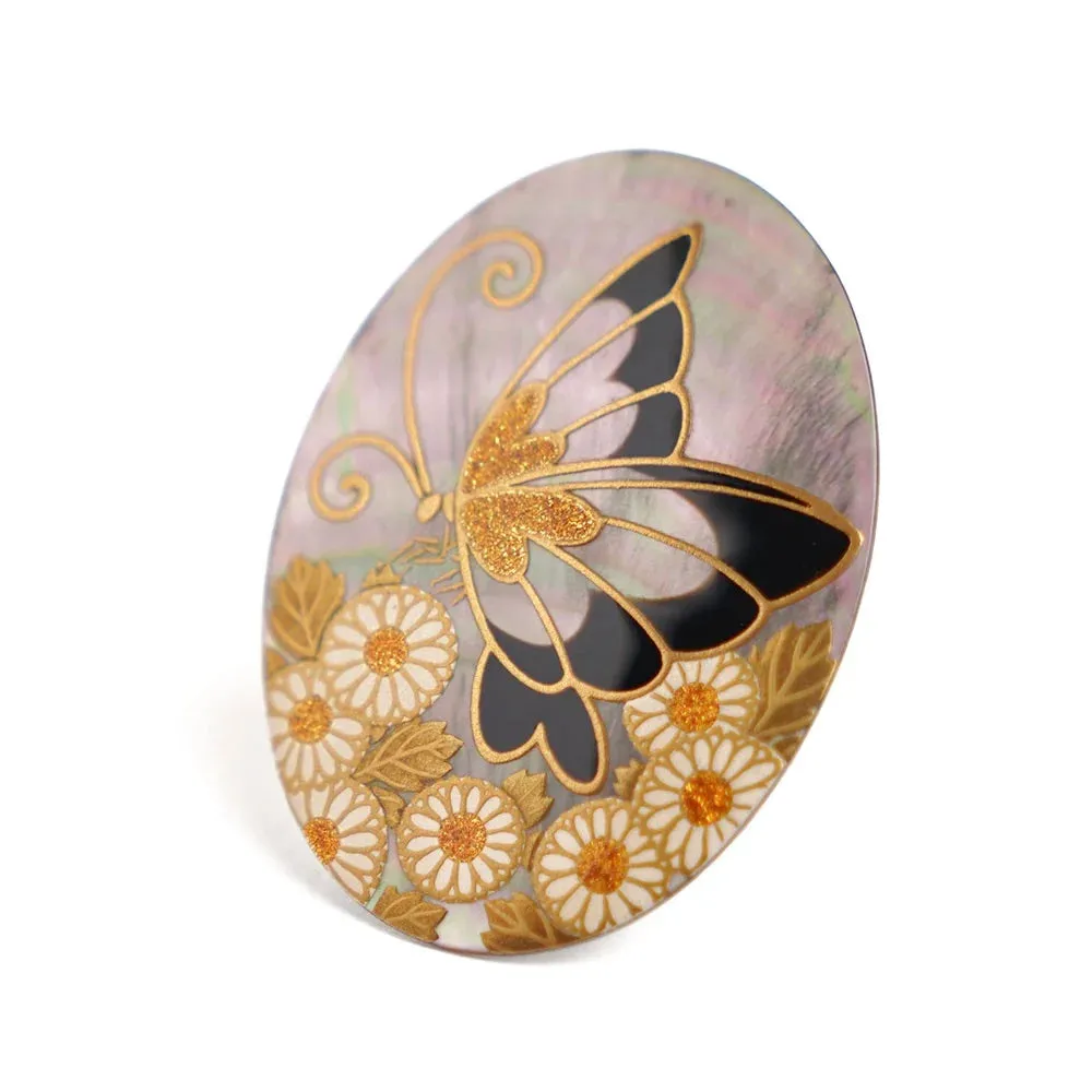 Maki-e Urushi Lacquer Brooch - Black Lip Oyster Pearl Shell / Chrysanthemum and Butterfly -, Traditional Japanese Urushi Lacquer Jewelry