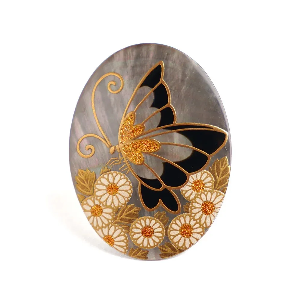 Maki-e Urushi Lacquer Brooch - Black Lip Oyster Pearl Shell / Chrysanthemum and Butterfly -, Traditional Japanese Urushi Lacquer Jewelry