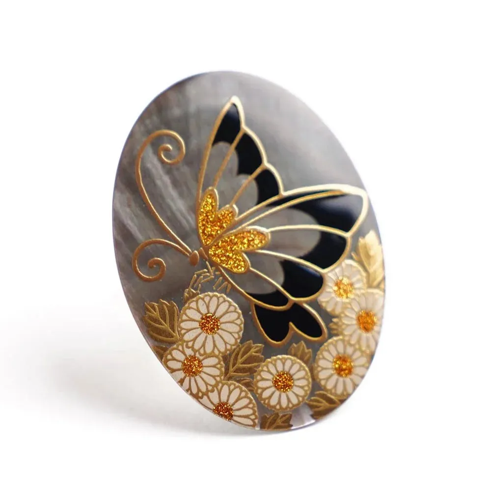 Maki-e Urushi Lacquer Brooch - Black Lip Oyster Pearl Shell / Chrysanthemum and Butterfly -, Traditional Japanese Urushi Lacquer Jewelry