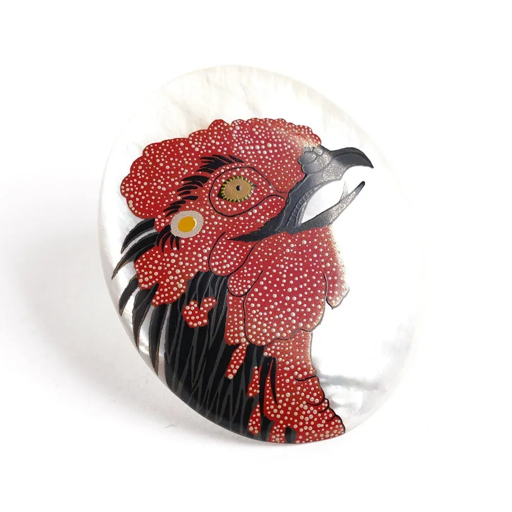 Maki-e Urushi Lacquer Brooch - White South Sea Pearl Shell / Imitative Rooster -, Traditional Japanese Urushi Lacquer Jewelry