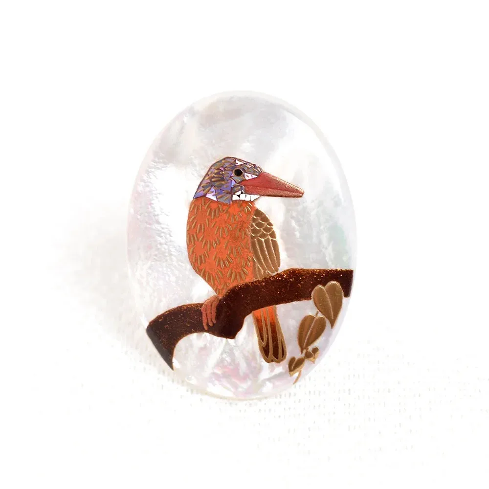 Maki-e Urushi Lacquer Brooch - White South Sea Pearl Shell / Ruddy Kingfisher -, Traditional Japanese Urushi Lacquer Jewelry