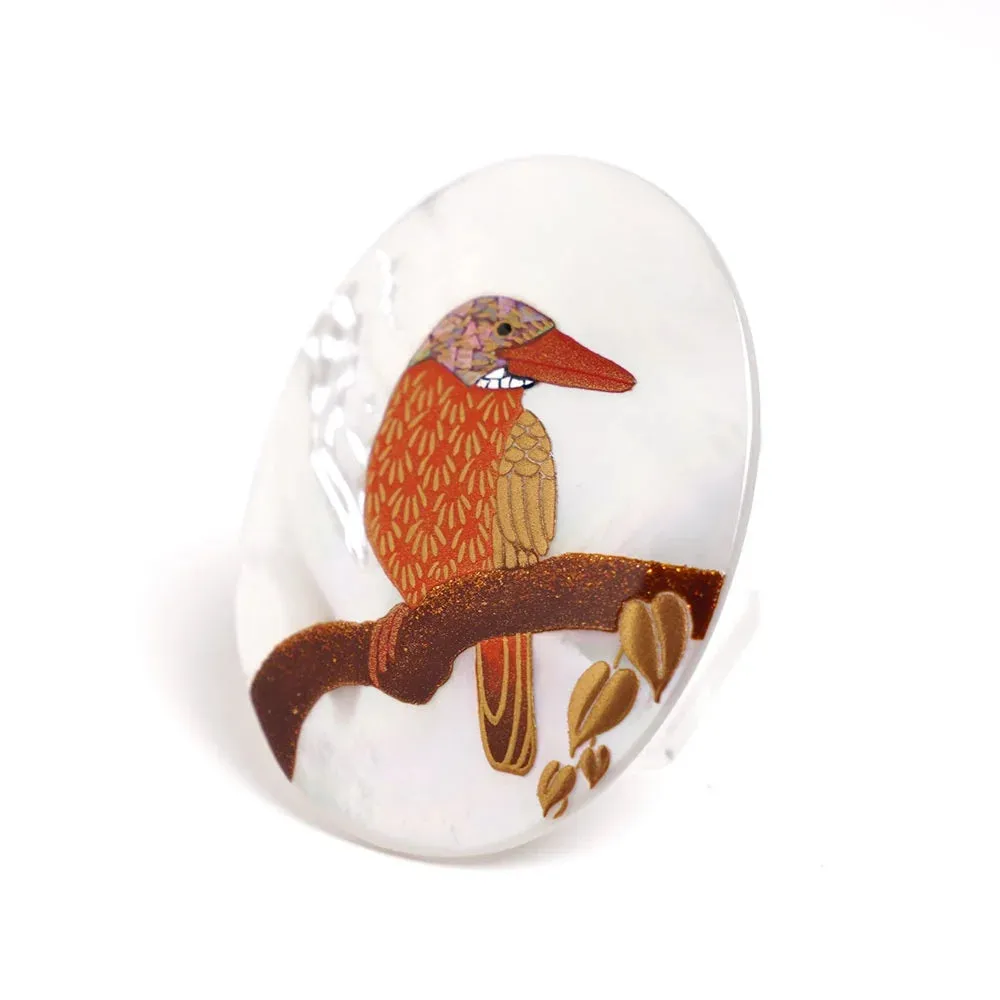 Maki-e Urushi Lacquer Brooch - White South Sea Pearl Shell / Ruddy Kingfisher -, Traditional Japanese Urushi Lacquer Jewelry