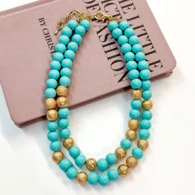 Making Joy Large Beaded Two Strand Necklace with Gold Tone Spacers in Sky Blue