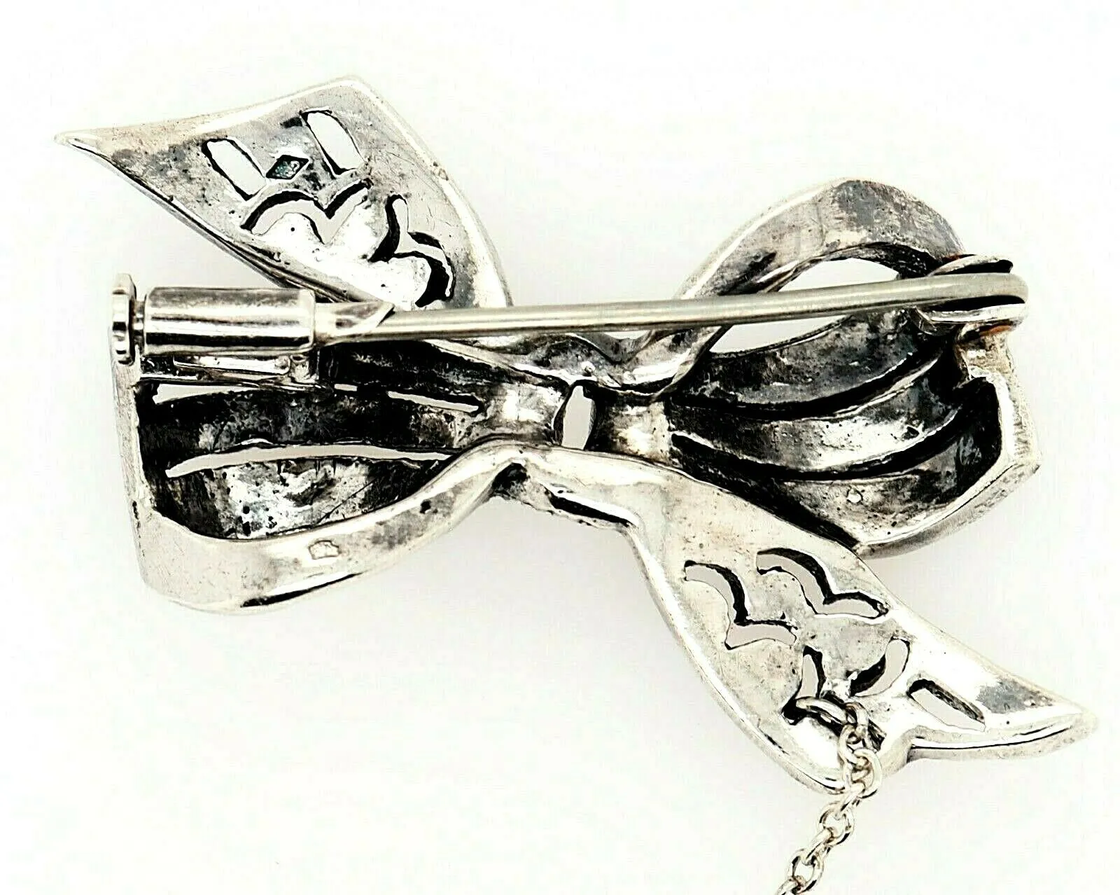 Marcasite Sterling Silver Bow Brooch with Safety Chain & Pin