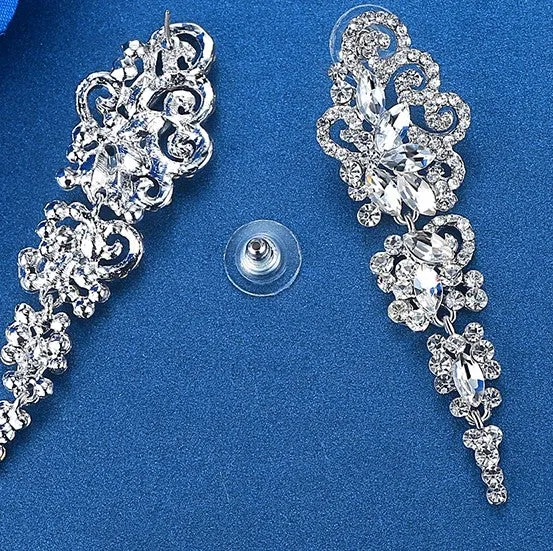 MEC-002 Crystal Long Drop Earrings Bridal Wedding