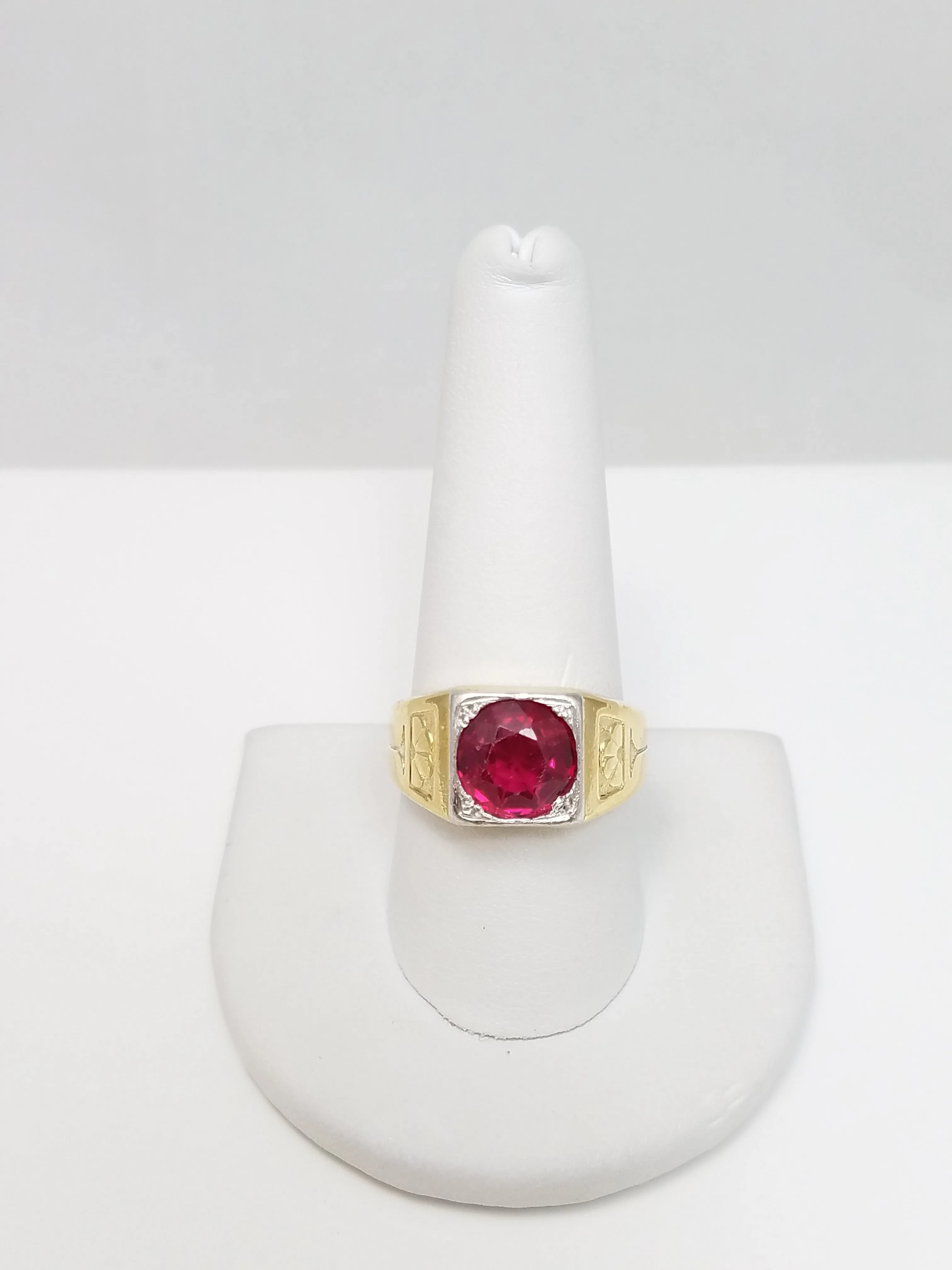 Men's Early 1900's Arts & Crafts Platinum & 15k Yellow Gold Synthetic Ruby Ring