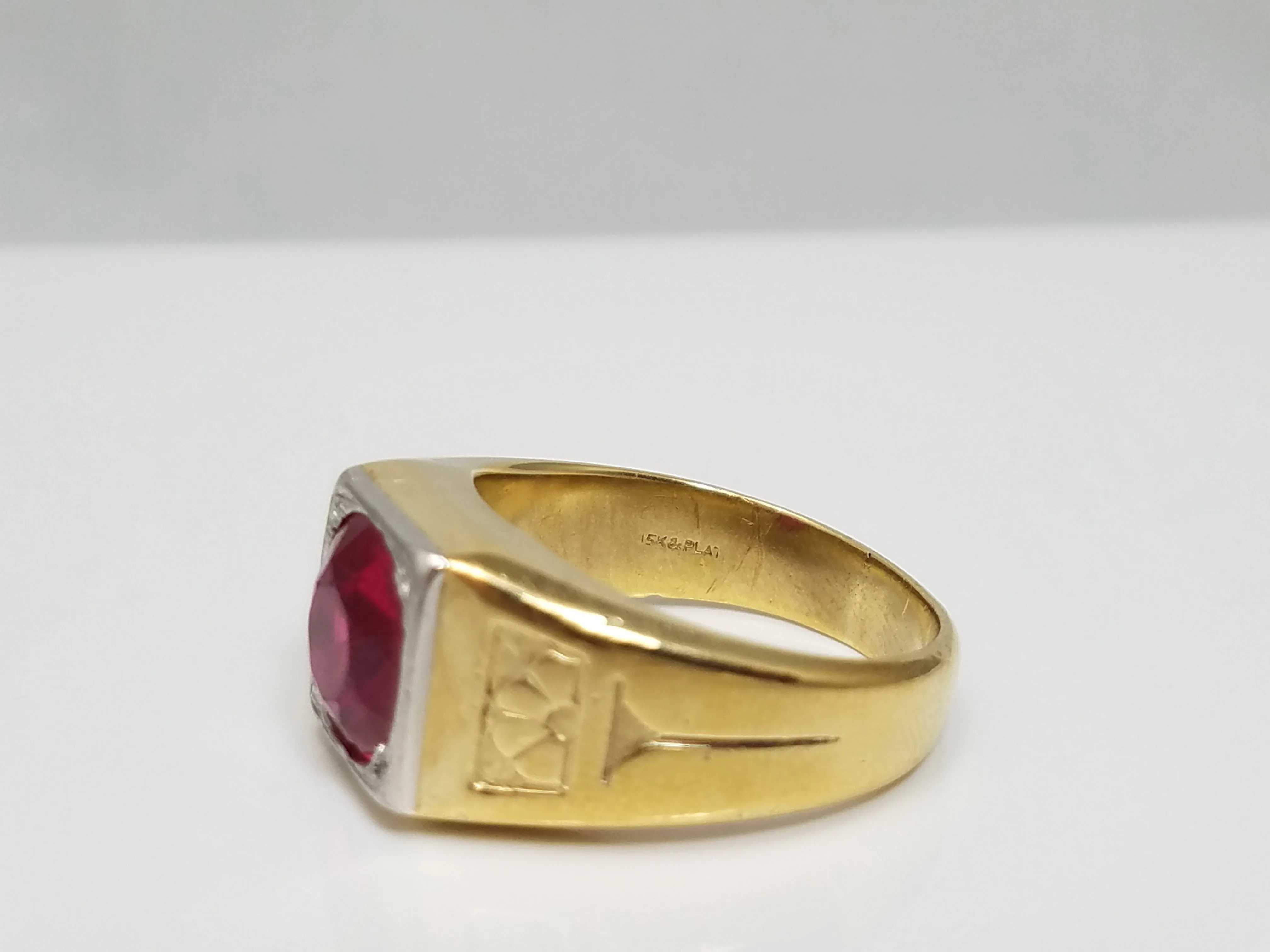 Men's Early 1900's Arts & Crafts Platinum & 15k Yellow Gold Synthetic Ruby Ring