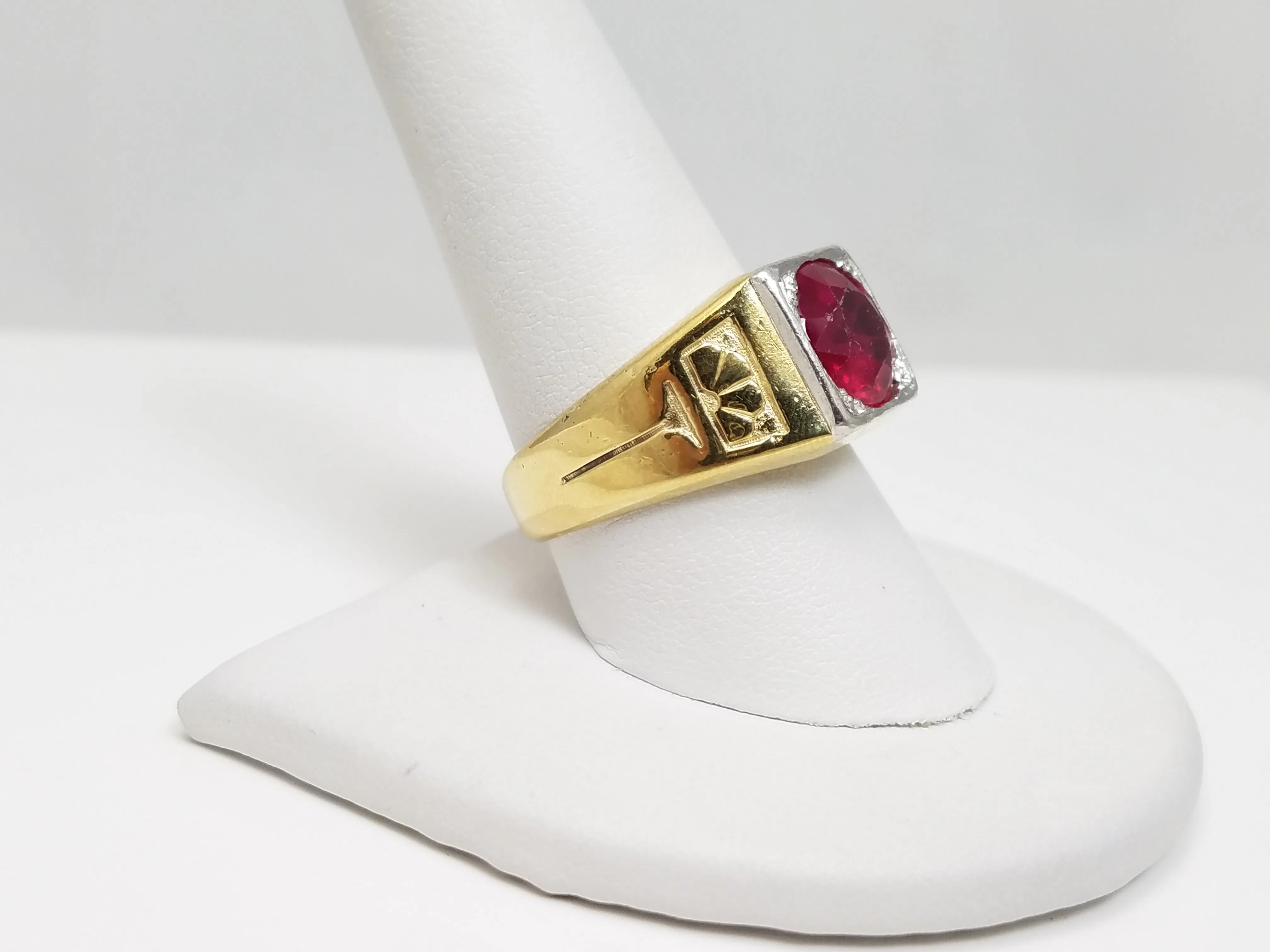 Men's Early 1900's Arts & Crafts Platinum & 15k Yellow Gold Synthetic Ruby Ring