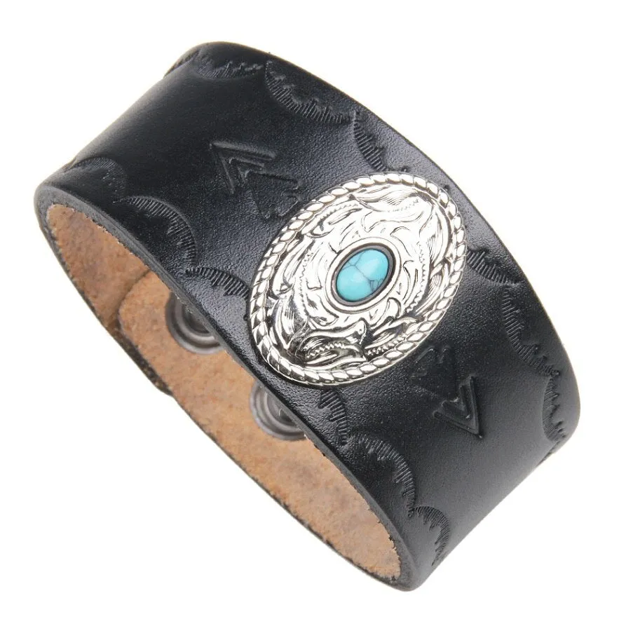 Men's Genuine Tooled Leather Wide Cuff Bracelets 9 Different Styles Turquoise Conchos Buffalo Skull Brown Cowhide Or Black Adjustable Size Snap Closure