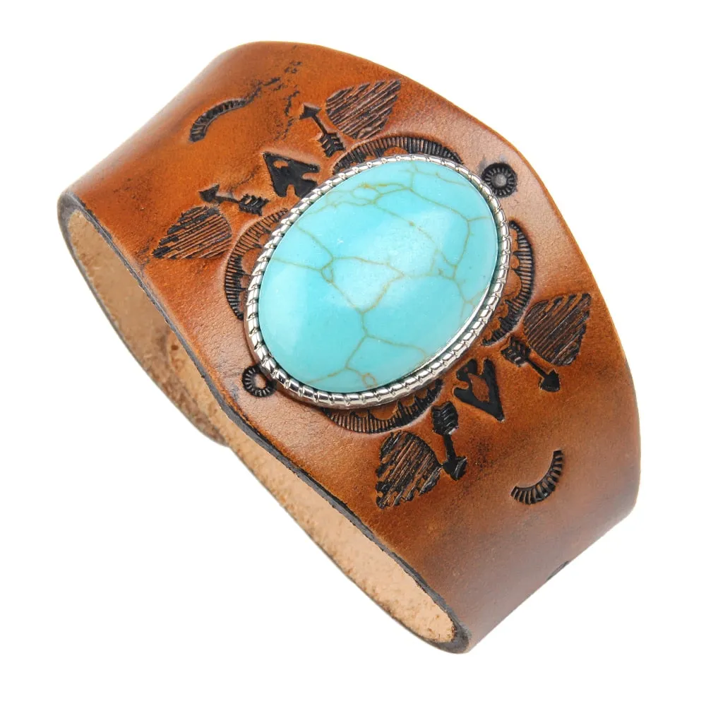 Men's Genuine Tooled Leather Wide Cuff Bracelets 9 Different Styles Turquoise Conchos Buffalo Skull Brown Cowhide Or Black Adjustable Size Snap Closure