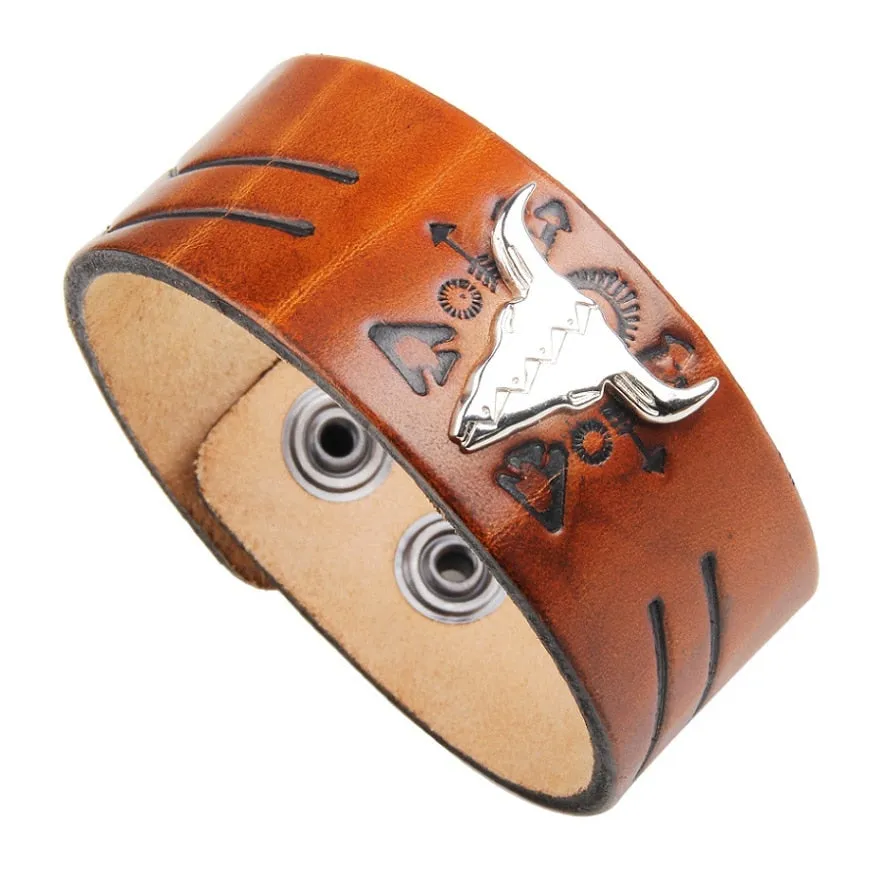 Men's Genuine Tooled Leather Wide Cuff Bracelets 9 Different Styles Turquoise Conchos Buffalo Skull Brown Cowhide Or Black Adjustable Size Snap Closure