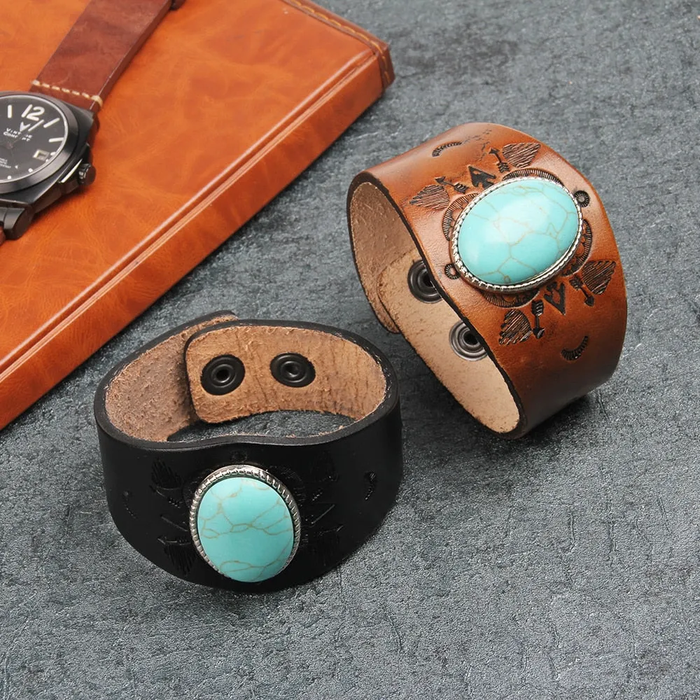 Men's Genuine Tooled Leather Wide Cuff Bracelets 9 Different Styles Turquoise Conchos Buffalo Skull Brown Cowhide Or Black Adjustable Size Snap Closure