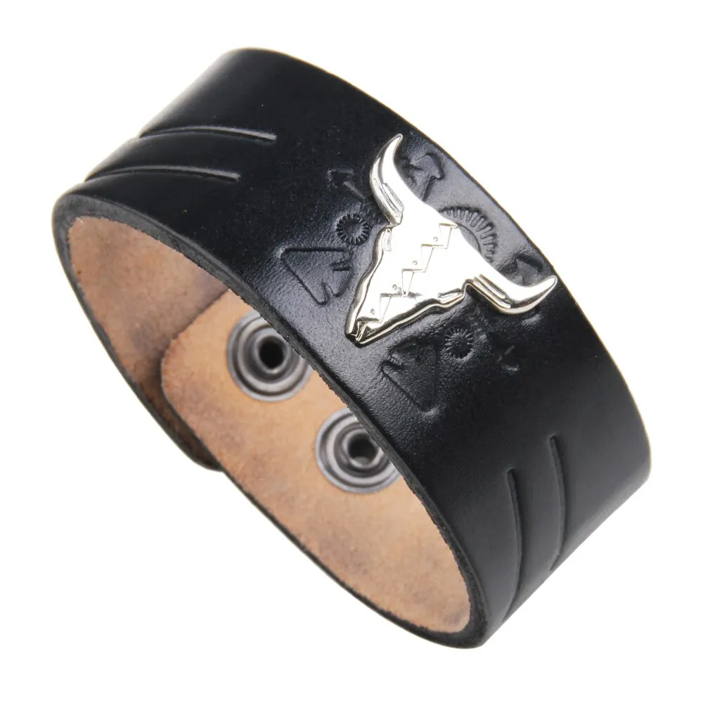 Men's Genuine Tooled Leather Wide Cuff Bracelets 9 Different Styles Turquoise Conchos Buffalo Skull Brown Cowhide Or Black Adjustable Size Snap Closure