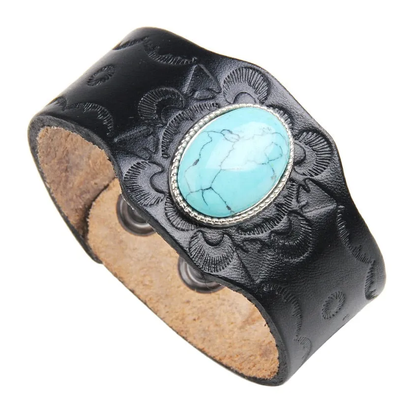 Men's Genuine Tooled Leather Wide Cuff Bracelets 9 Different Styles Turquoise Conchos Buffalo Skull Brown Cowhide Or Black Adjustable Size Snap Closure