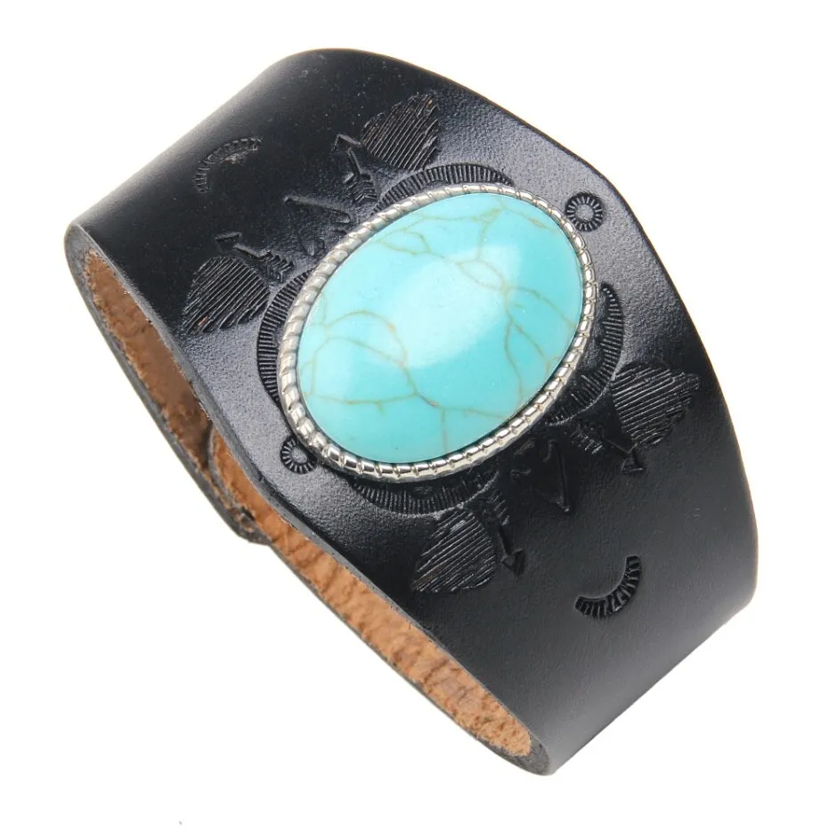 Men's Genuine Tooled Leather Wide Cuff Bracelets 9 Different Styles Turquoise Conchos Buffalo Skull Brown Cowhide Or Black Adjustable Size Snap Closure