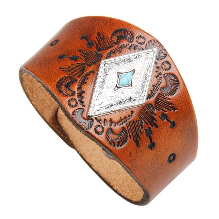 Men's Genuine Tooled Leather Wide Cuff Bracelets 9 Different Styles Turquoise Conchos Buffalo Skull Brown Cowhide Or Black Adjustable Size Snap Closure