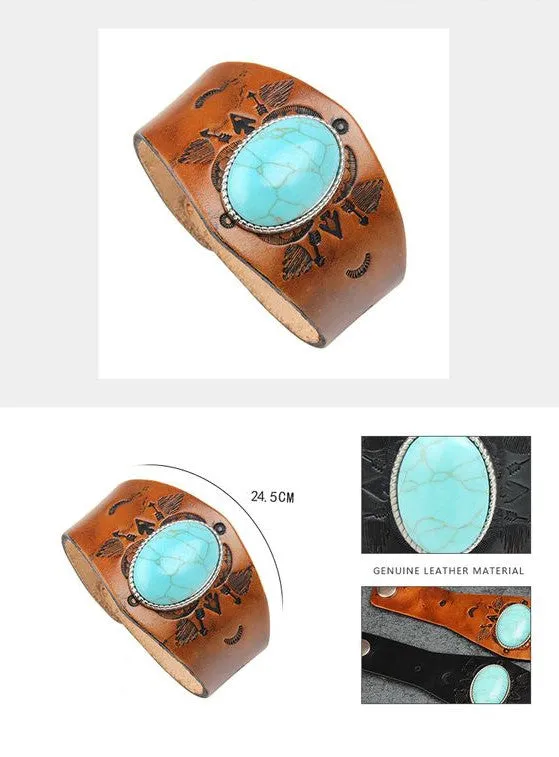 Men's Genuine Tooled Leather Wide Cuff Bracelets 9 Different Styles Turquoise Conchos Buffalo Skull Brown Cowhide Or Black Adjustable Size Snap Closure