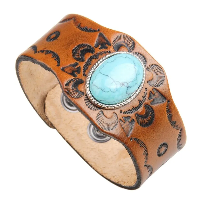 Men's Genuine Tooled Leather Wide Cuff Bracelets 9 Different Styles Turquoise Conchos Buffalo Skull Brown Cowhide Or Black Adjustable Size Snap Closure