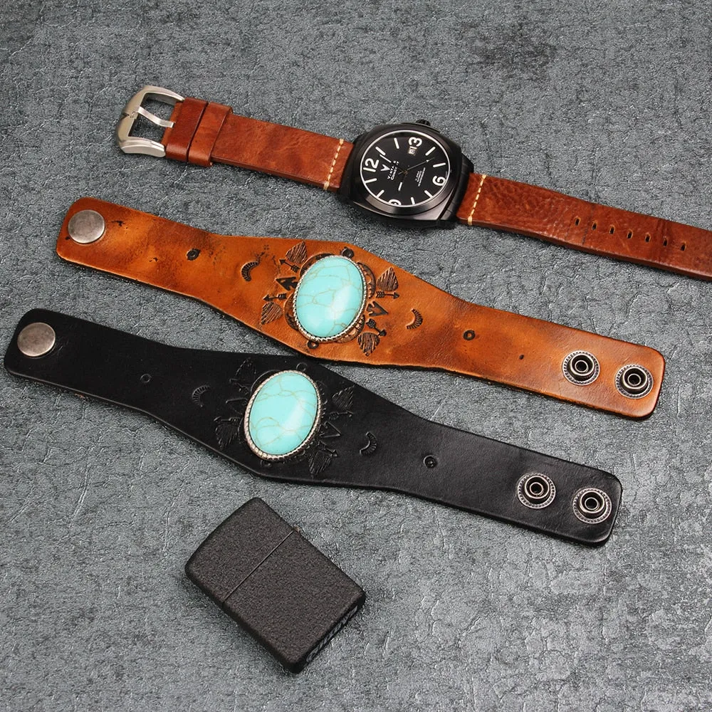 Men's Genuine Tooled Leather Wide Cuff Bracelets 9 Different Styles Turquoise Conchos Buffalo Skull Brown Cowhide Or Black Adjustable Size Snap Closure