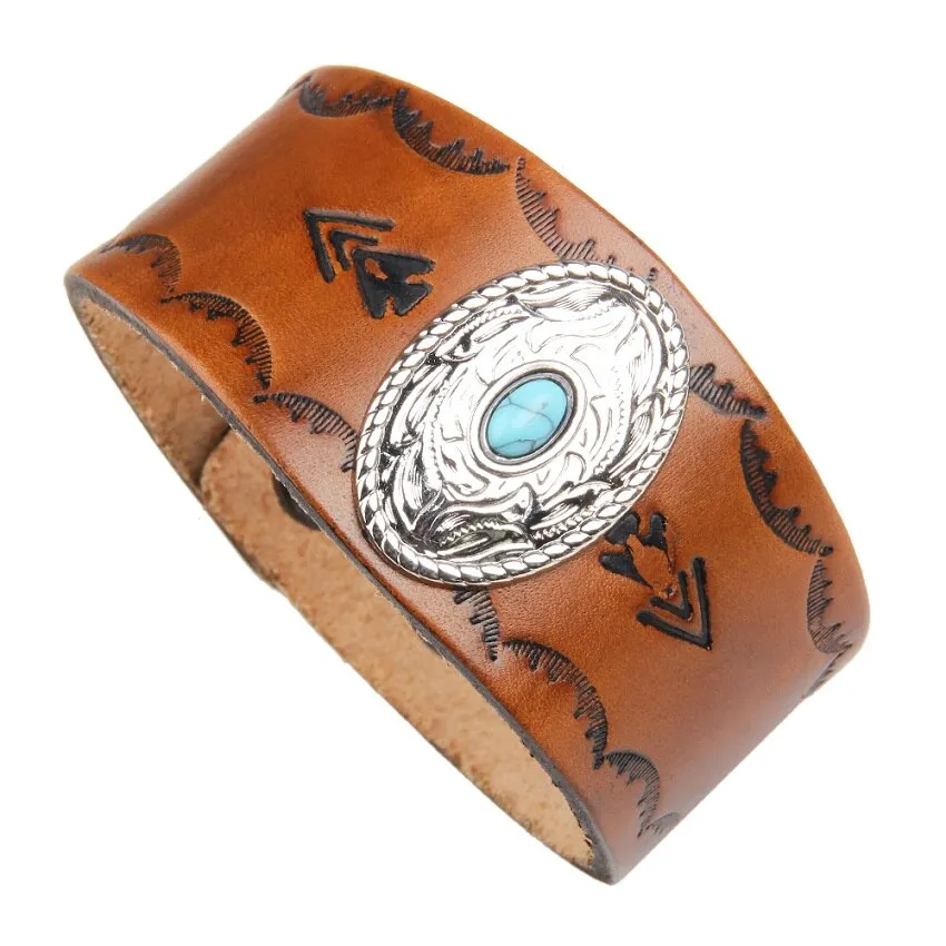 Men's Genuine Tooled Leather Wide Cuff Bracelets 9 Different Styles Turquoise Conchos Buffalo Skull Brown Cowhide Or Black Adjustable Size Snap Closure