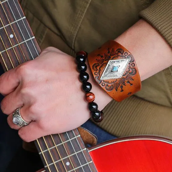 Men's Genuine Tooled Leather Wide Cuff Bracelets 9 Different Styles Turquoise Conchos Buffalo Skull Brown Cowhide Or Black Adjustable Size Snap Closure