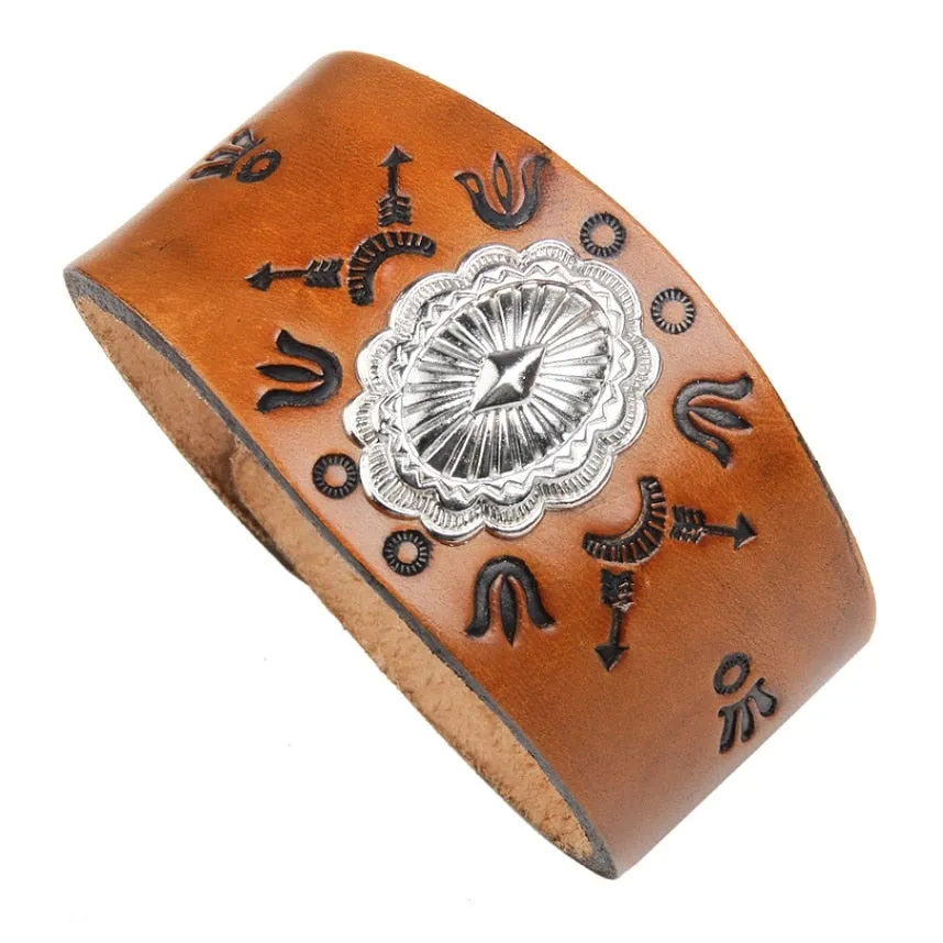 Men's Genuine Tooled Leather Wide Cuff Bracelets 9 Different Styles Turquoise Conchos Buffalo Skull Brown Cowhide Or Black Adjustable Size Snap Closure