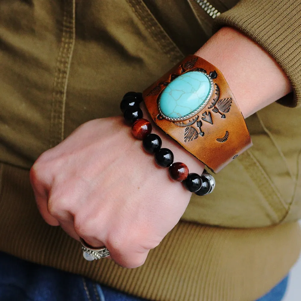 Men's Genuine Tooled Leather Wide Cuff Bracelets 9 Different Styles Turquoise Conchos Buffalo Skull Brown Cowhide Or Black Adjustable Size Snap Closure