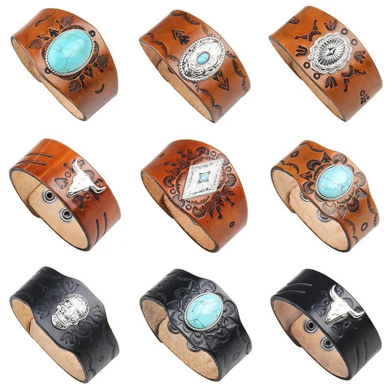 Men's Genuine Tooled Leather Wide Cuff Bracelets 9 Different Styles Turquoise Conchos Buffalo Skull Brown Cowhide Or Black Adjustable Size Snap Closure